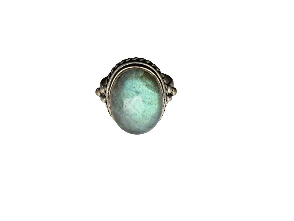 Vintage Labradorite Ring Silver Tone Oval Cabochon Boho Artisan Statement 9.5